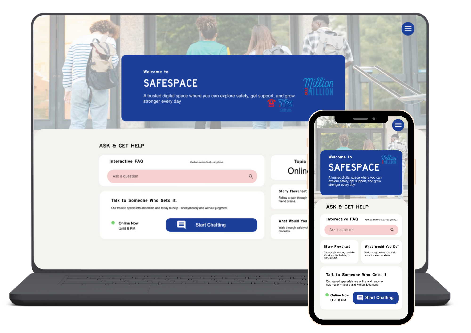 SafeSpace mockup showing both laptop and phone